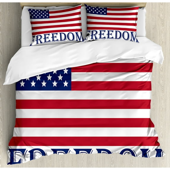 Ambesonne Fourth of July Duvet Cover Set, USA Flag and Freedom, 2-Calking, Ruby Night Blue