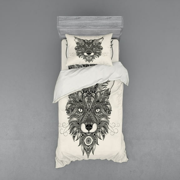 Ambesonne Fox Bedding Set 3 Pcs, Celtic Style, Twin, Black Ecru