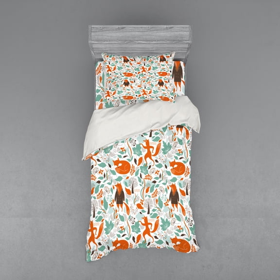 Ambesonne Fox Bedding Set 3 Pcs, Funny Garden, Twin, Turquoise Orange Brown