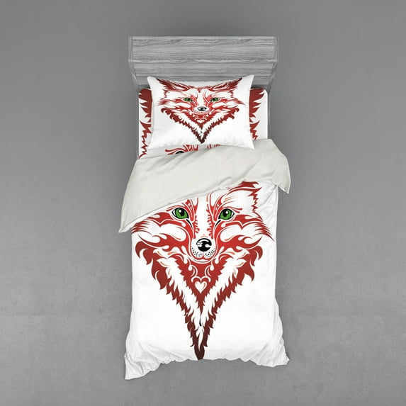 Ambesonne Fox Bedding Set 3 Pcs, Patterned Animal, Twin XL, Dark Coral Green White