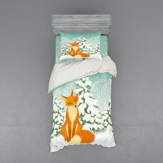 Ambesonne Fox Bedding Set 3 Pcs, Red Fox Winter Forest Xmas, Twin XL, Almond Green Orange