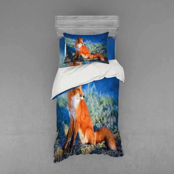Ambesonne Fox Bedding Set 3 Pcs, Serene Cold Autumn Field, Twin XL, Blue White Orange