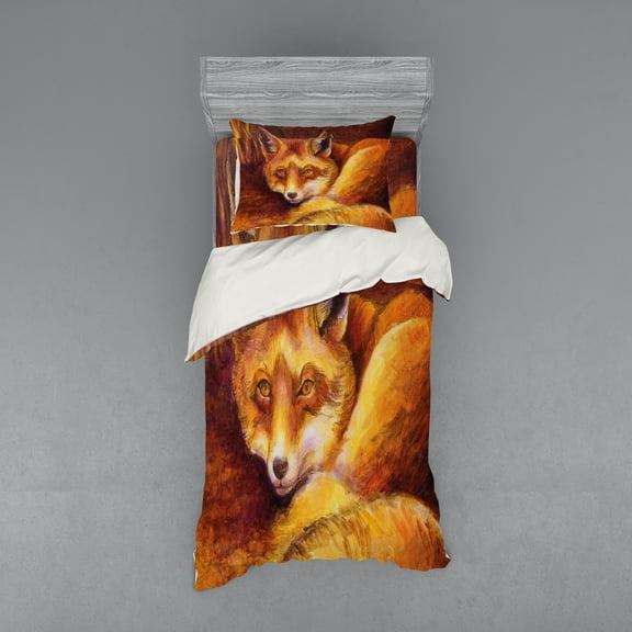 Ambesonne Fox Bedding Set 3 Pcs, Vibrant Art Fox Resting, Twin XL, Burnt Sienna Orange