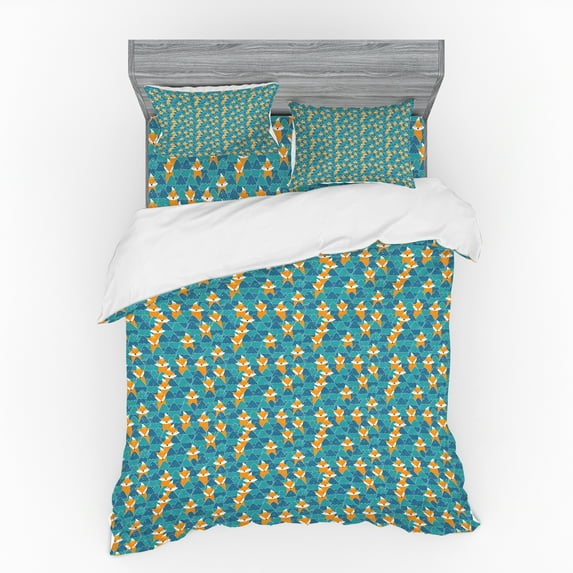 Ambesonne Fox Bedding Set 4 Pcs, Animals in Winter Theme, Queen, Orange Sea Blue