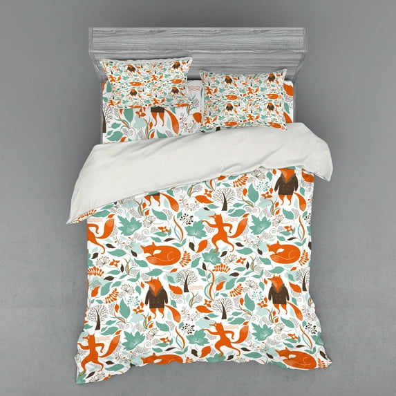 Ambesonne Fox Bedding Set 4 Pcs, Funny Garden, Queen, Turquoise Orange Brown