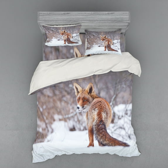 Ambesonne Fox Bedding Set 4 Pcs, Snowy Country Furry Animal, Queen, Redwood Brown White