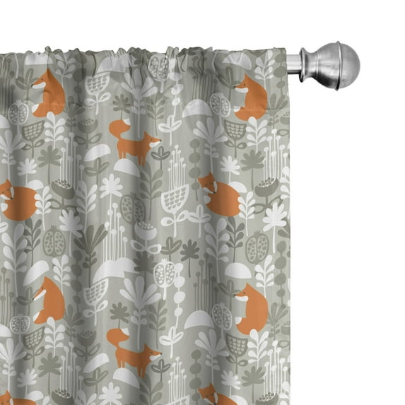 Ambesonne Fox Curtains, Doodle Style Forest Design, Pair of 28"x84", Orange White