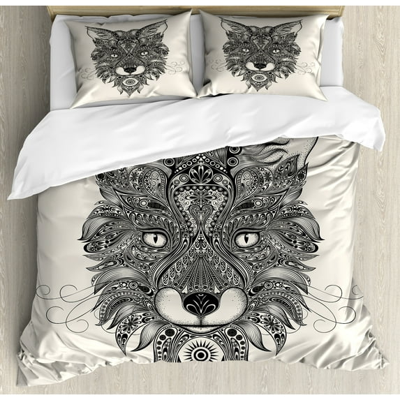 Ambesonne Fox Duvet Cover Set, Celtic Style, Queen, Black Ecru