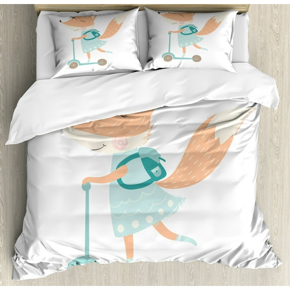 Ambesonne Fox Duvet Cover Set, Happy Animal and Bag on Scooter, 2-Calking, Rose Dried Rose