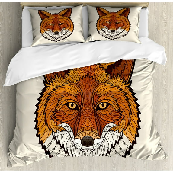 Ambesonne Fox Duvet Cover Sets, Mascot Face Mosaic Style, 2-Queen, Orange White Black