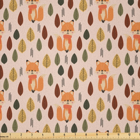 Ambesonne Fox Fabric by the Yard Microfiber, Colorful Leaves Animals Scarfs, 1 Yard, Persian Orange Dark Sepia