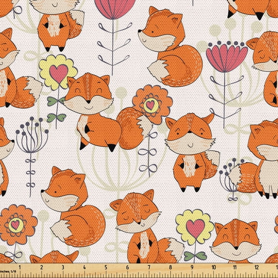 Ambesonne Fox Fabric by the Yard Upholstery, Happy Animals with Flowers Plot, 5 Yards, Pale Vermilion Pale Ruby
