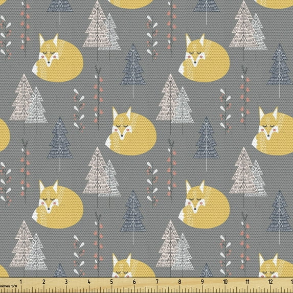 Ambesonne Fox Fabric by the Yard Upholstery, Scandinavian Inspired Spruces, 2 Yards, Dimgray Pale Orange