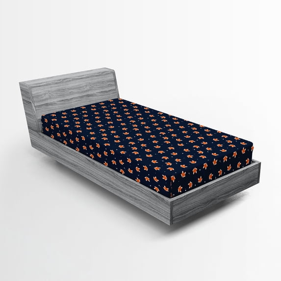 Ambesonne Fox Fitted Sheet 2 Pcs Set, Small Orange Forest Mammal, Twin, Navy Blue Orange