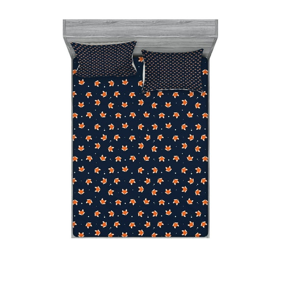 Ambesonne Fox Fitted Sheet & Pillow Sham Set, Small Orange Forest Mammal, Queen, Navy Blue Orange