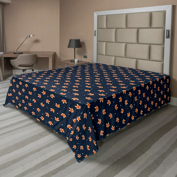 Ambesonne Fox Flat Sheet, Small Orange Forest Mammal, King Size, Navy Blue Orange