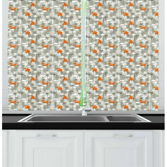 Ambesonne Fox Kitchen Curtains, Doodle Style Forest Design, 55"x45", Orange White