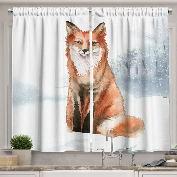 Ambesonne Fox Kitchen Curtains, Fine Art Winter Animal Painting, 55"x45", Blue Grey Burnt Orange