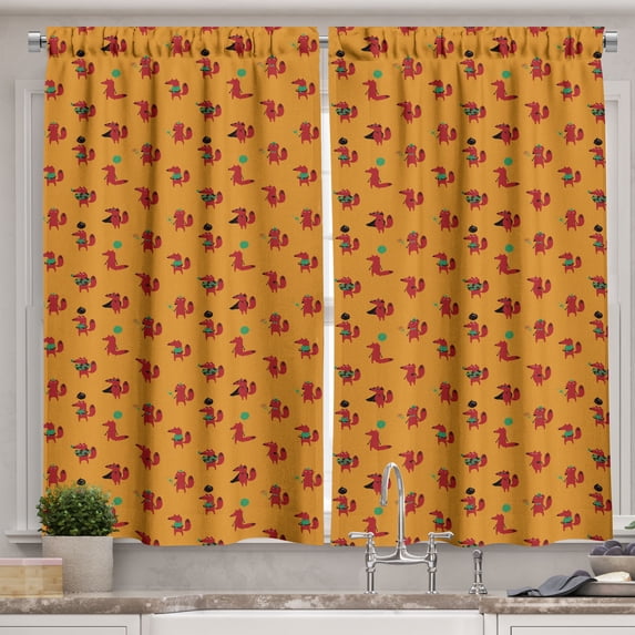 Ambesonne Fox Kitchen Curtains, Funny Animal with Various Items, 55"x45", Marigold Multicolor