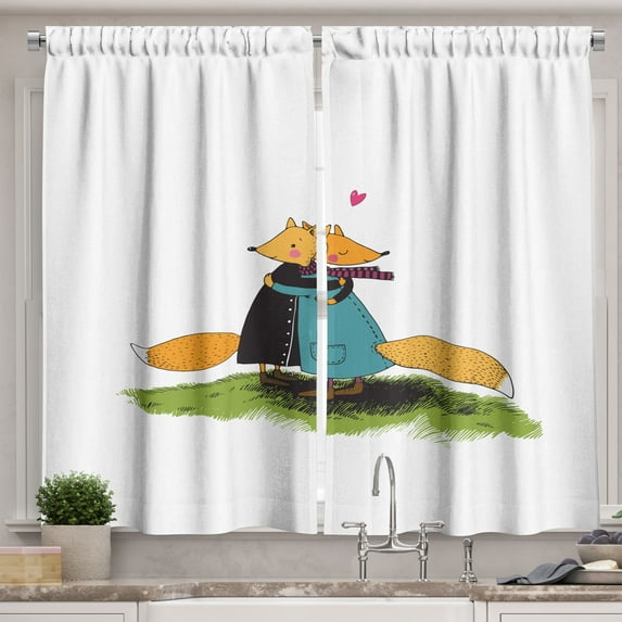 Ambesonne Fox Kitchen Curtains, Romantic Animals Hugging, 55"x39", Multicolor