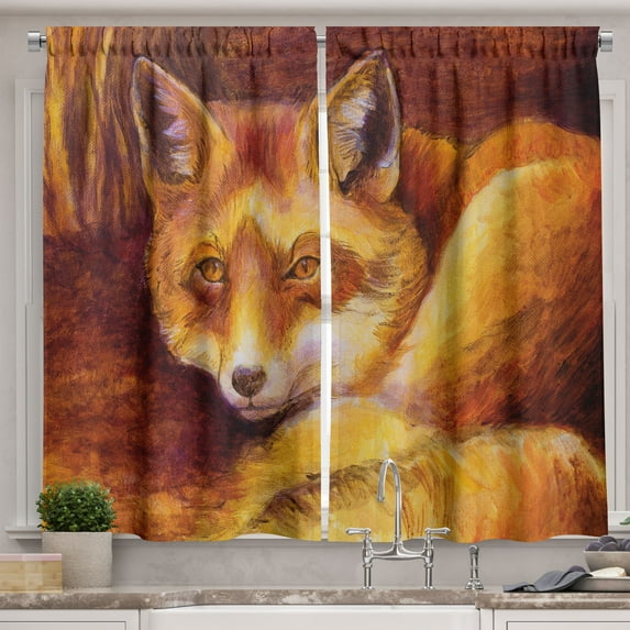 Ambesonne Fox Kitchen Curtains, Vibrant Art Fox Resting, 55"x39", Burnt Sienna Orange