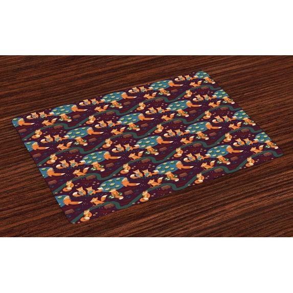 Ambesonne Fox Place Mats Set of 4, Small Forest Animals Pond, Standard Size, Multicolor