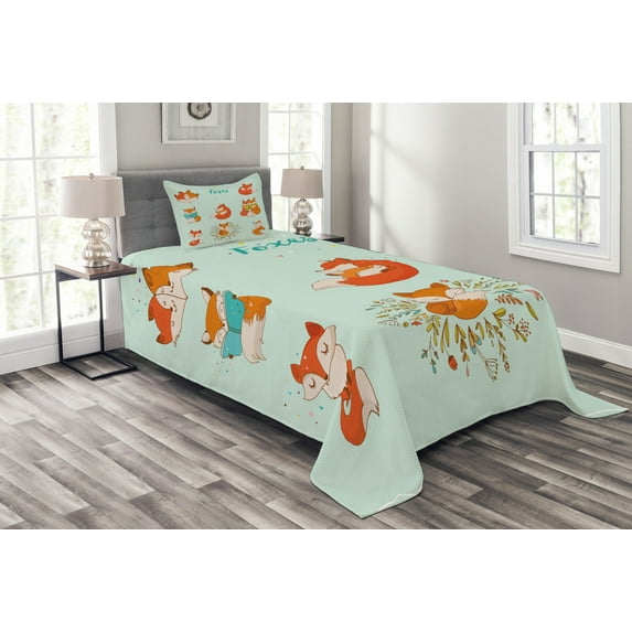 Ambesonne Fox Quilted Bedspread Set 2 Pcs, Fun Characters Comic, Twin Size, Multicolor