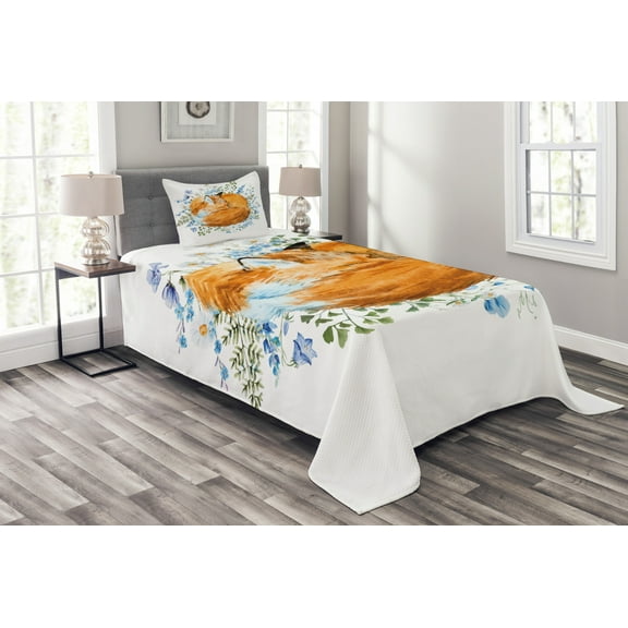 Ambesonne Fox Quilted Bedspread Set 2 Pcs, Sleeping Fox Watercolors, Twin Size, Orange Blue Olive Green