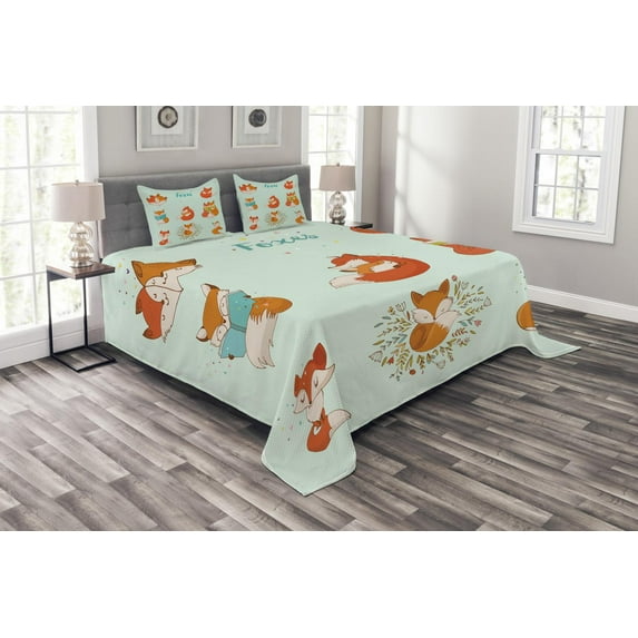 Ambesonne Fox Quilted Bedspread Set 3 Pcs, Fun Characters Comic, King Size, Multicolor