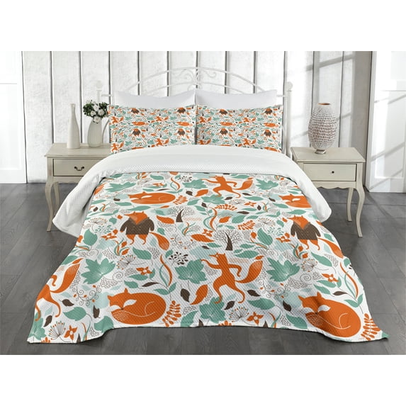 Ambesonne Fox Quilted Bedspread Set 3 Pcs, Funny Garden, King Size, Turquoise Orange Brown