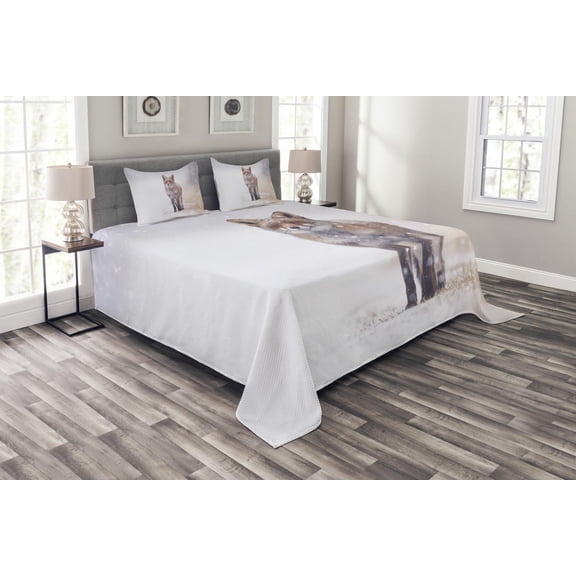 Ambesonne Fox Quilted Bedspread Set 3 Pcs, Rural Field Snow Stormy, Queen Size, Brown White