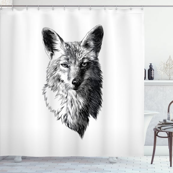 Ambesonne Fox Shower Curtain, Forest Animal Face Hand-Drawn, 69"Wx84"L, Charcoal Grey and White