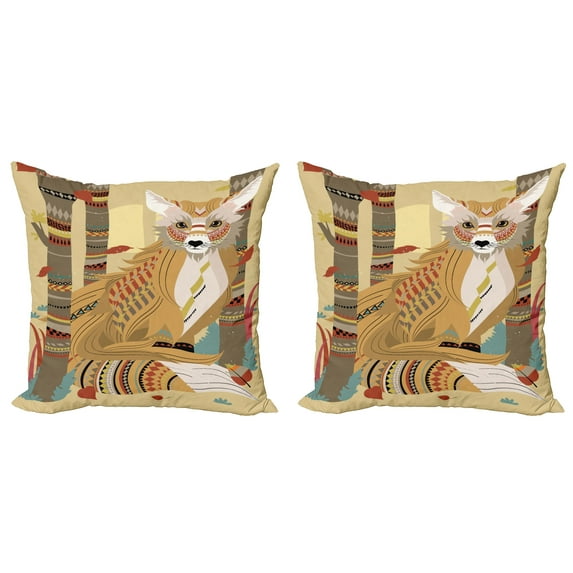 Ambesonne Fox Throw Pillow Cover 2 Pack, Fluffy Fox in the Forest, 18", Pale Coffee