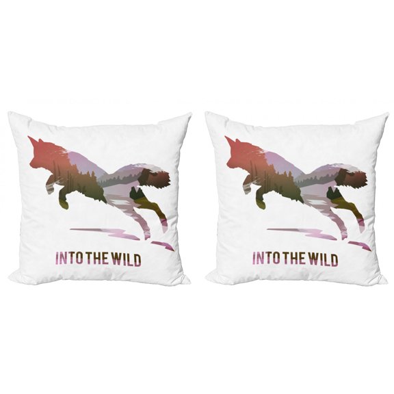 Ambesonne Fox Throw Pillow Cover 2 Pack, Jumping Fox Wild Woodland, 16", Lavender Brown Coral
