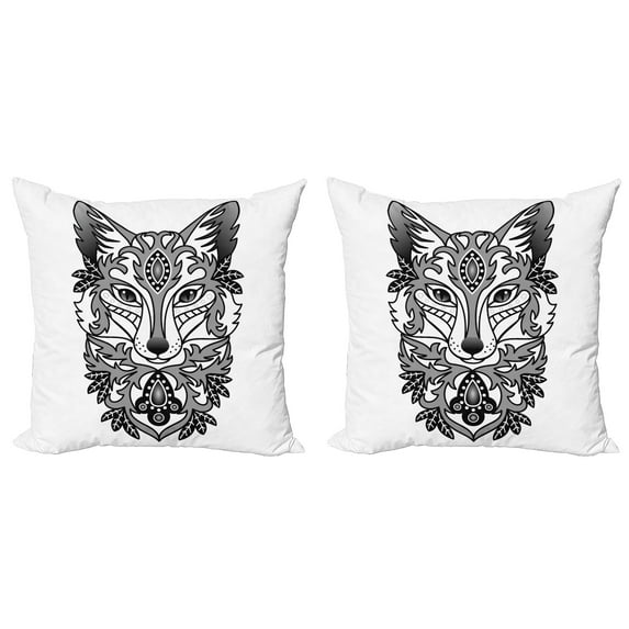 Ambesonne Fox Throw Pillow Cover 2 Pack, Ornamental Fox Face Curves, 20", Grey Black White