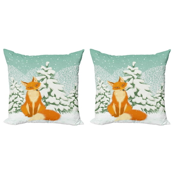 Ambesonne Fox Throw Pillow Cover 2 Pack, Red Fox Winter Forest Xmas, 18", Almond Green Orange