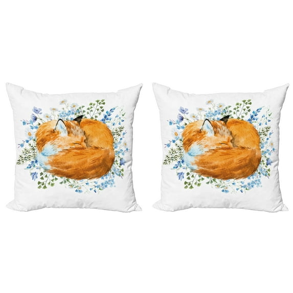 Ambesonne Fox Throw Pillow Cover 2 Pack, Sleeping Fox Watercolors, 16", Orange Blue Olive Green