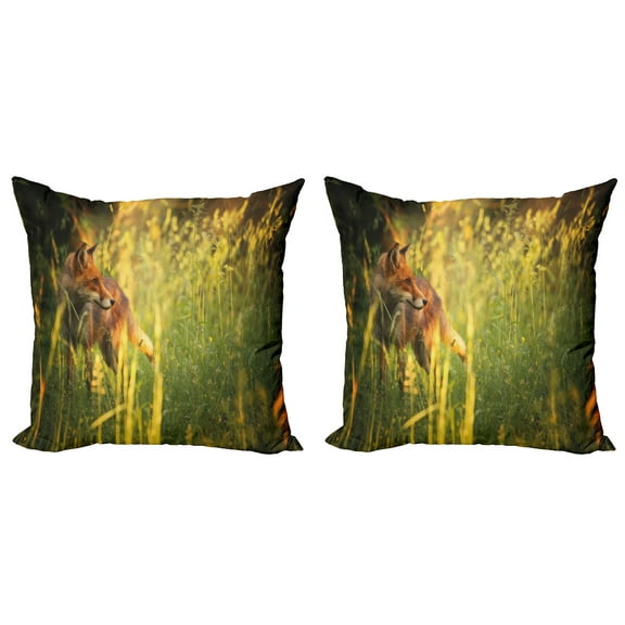 Ambesonne Fox Throw Pillow Cover 2 Pack, Vixen Mammal Summer Forest, 16", Orange Yellow Green
