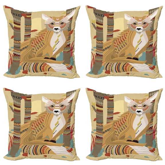 Ambesonne Fox Throw Pillow Cover 4 Pack, Fluffy Fox in the Forest, 16", Pale Coffee