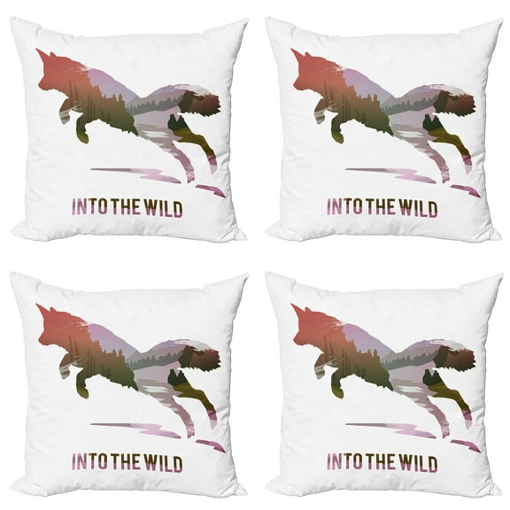 Ambesonne Fox Throw Pillow Cover 4 Pack, Jumping Fox Wild Woodland, 24", Lavender Brown Coral