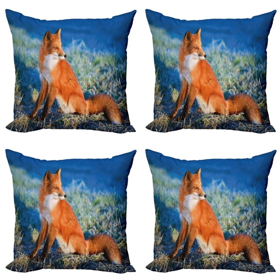 Ambesonne Fox Throw Pillow Cover 4 Pack, Serene Cold Autumn Field, 16", Blue White Orange