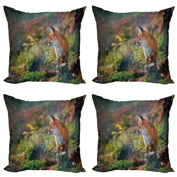 Ambesonne Fox Throw Pillow Cover 4 Pack, Young Wild Fox in Woodland, 20", Pale Brown White Green