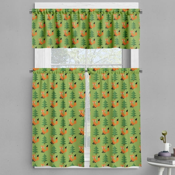 Ambesonne Fox Valance & Curtain, Pattern of Animals and Trees, 55"x24", Dark Orange and Fern Green
