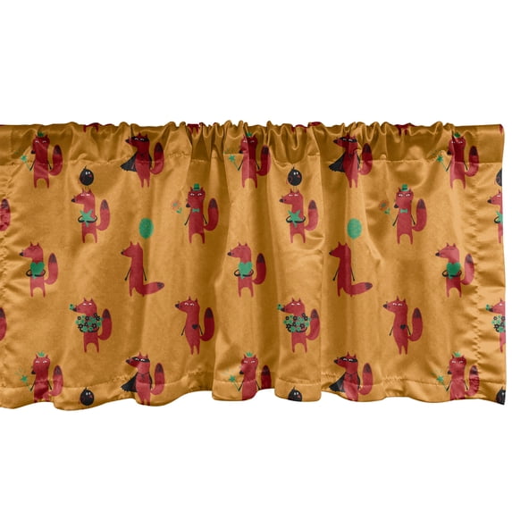 Ambesonne Fox Window Valance, Childish Doodle Pattern Funny Animal with Various Items, Curtain Valance for Kitchen Bedroom Decor with Rod Pocket, 54" X 12", Marigold Multicolor