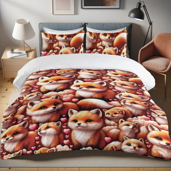 Ambesonne Foxes Duvet Cover Set, Whimsical Foxes in Poses Art, King, Amber Orange Pink