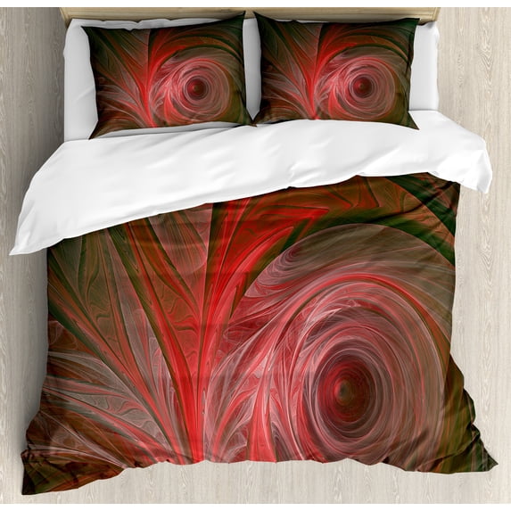Ambesonne Fractal Duvet Cover Set, Spiral Curvy Leaf Veins, Queen, Coral Red