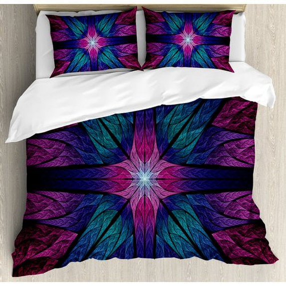 Ambesonne Fractal Psychedelic Colorful Sacred Symmetrical Stained Glass Figure Vibrant Artsy Design Duvet Cover Set
