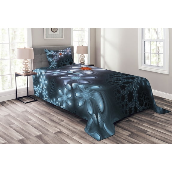 Ambesonne Fractal Quilted Bedspread Set 2 Pcs, Vibrant Floral Pattern, Twin Size, Blue Purple
