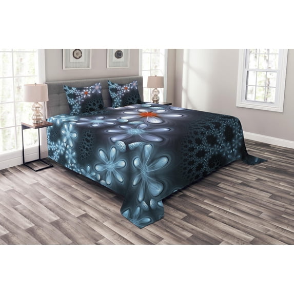 Ambesonne Fractal Quilted Bedspread Set 3 Pcs, Vibrant Floral Pattern, King Size, Blue Purple
