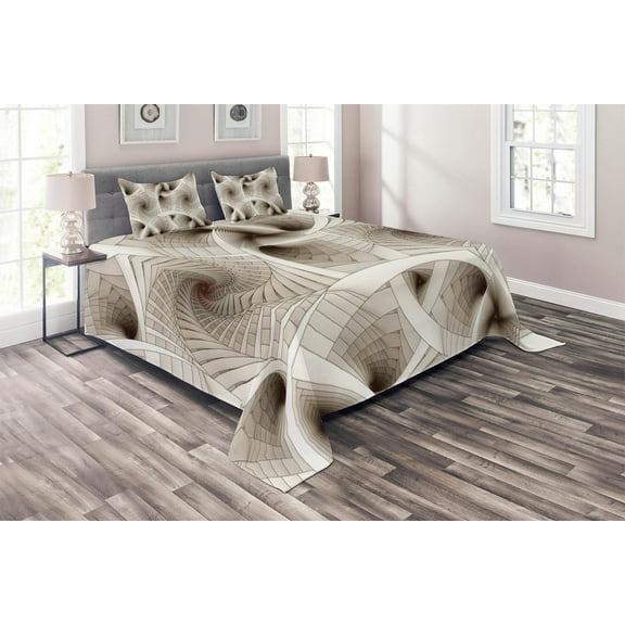 Ambesonne Fractal Quilted Coverlet 3 Pcs, Abstract Digital Style, King Size, Beige